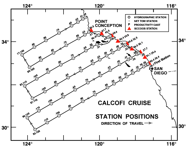 Map of the CalCOFI cruise tracks and sampling stations